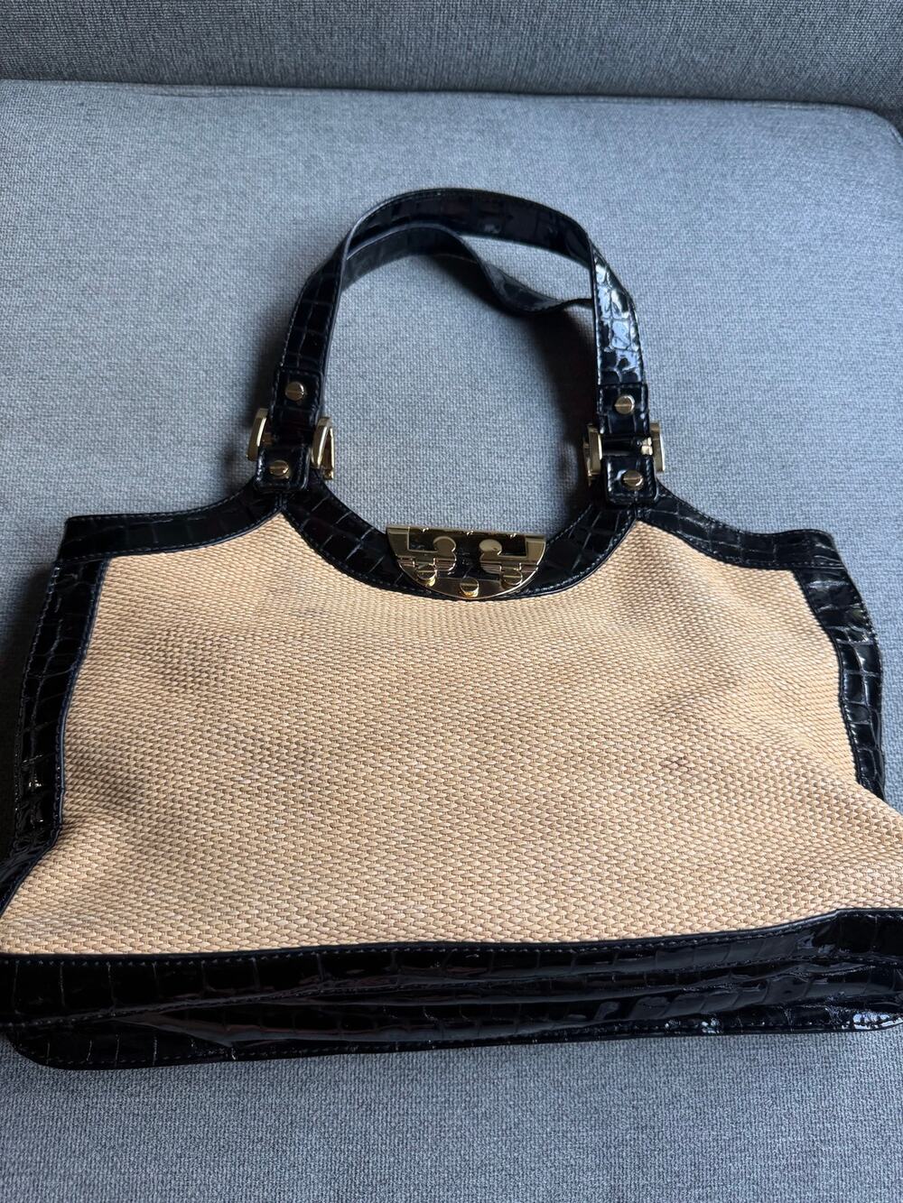Tory Burch Straw Crocodile Embossed Handbag Bag Gold Hardware